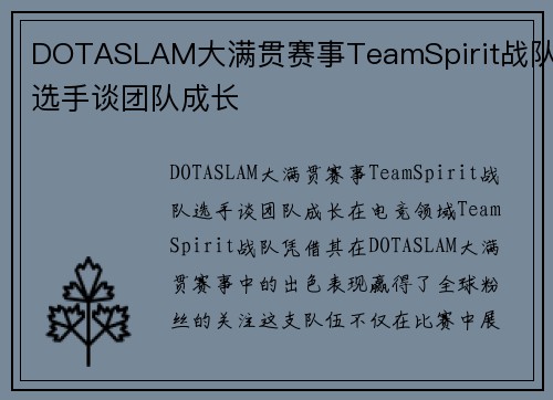 DOTASLAM大满贯赛事TeamSpirit战队选手谈团队成长