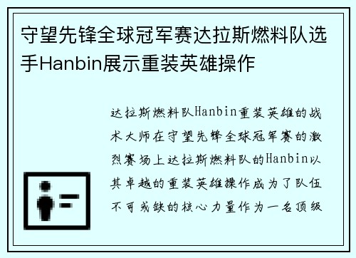 守望先锋全球冠军赛达拉斯燃料队选手Hanbin展示重装英雄操作