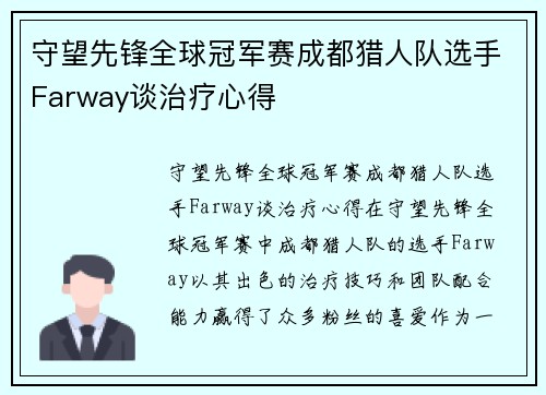 守望先锋全球冠军赛成都猎人队选手Farway谈治疗心得
